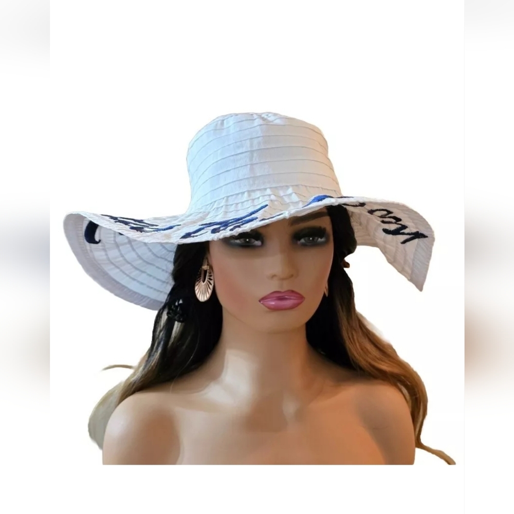 Seas the Day Sun Beach Hat  Sz OS. Wide Brim Floppy Beach White Navy Nautical - Picture 8 of 13